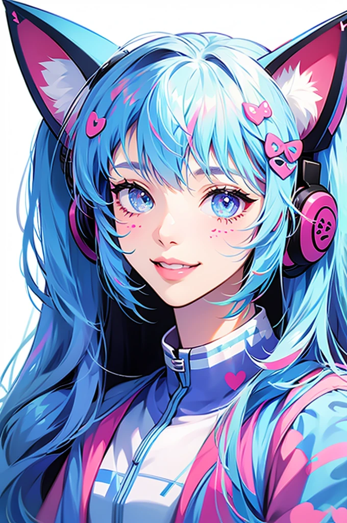 Girl wearing cat ear headphones、Background is white、smile、The whole thing goes in