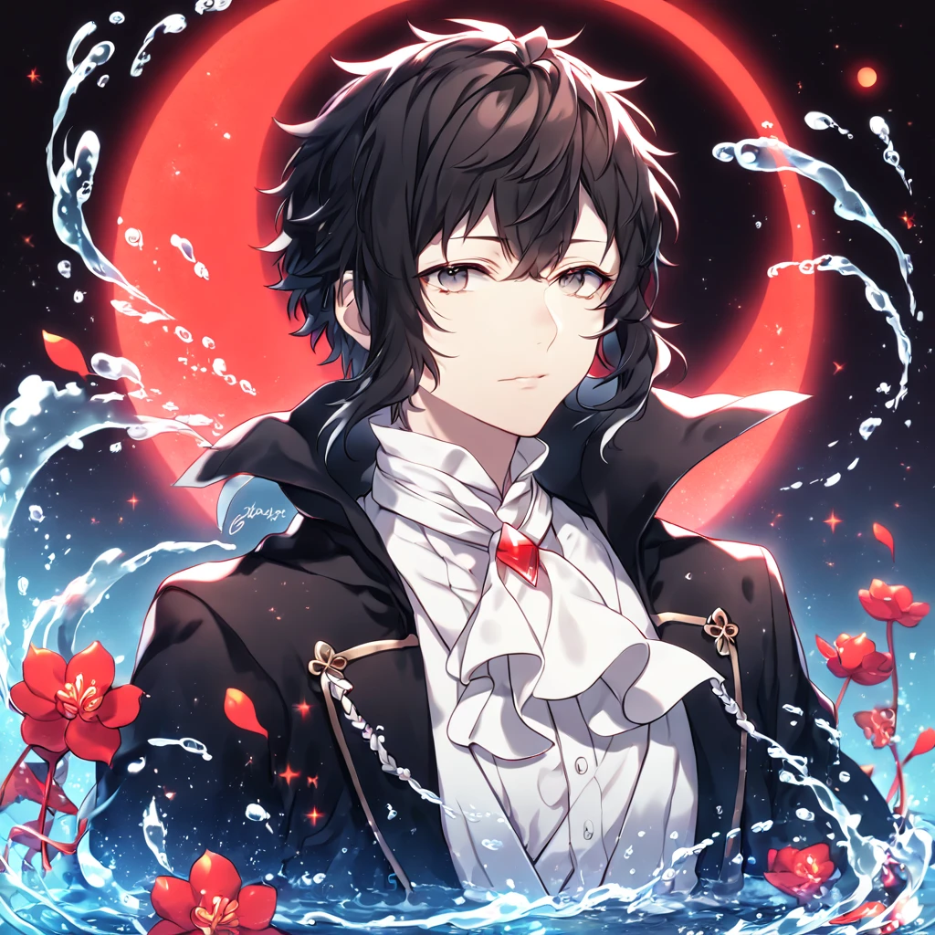 absurdres, highres, ultra detailed, HDR, master piece, Akutagawa Ryuonosuke, black hair, expressive gray eyes, white cravat, black coat with high collar, white shirt, Bungou Stray Dogs, sexy man, handsome, best quality, red glittering crescent moon, red flowers, fantasy, magical, solo, water, red shining fireflies, red petals, sensual, rashomon