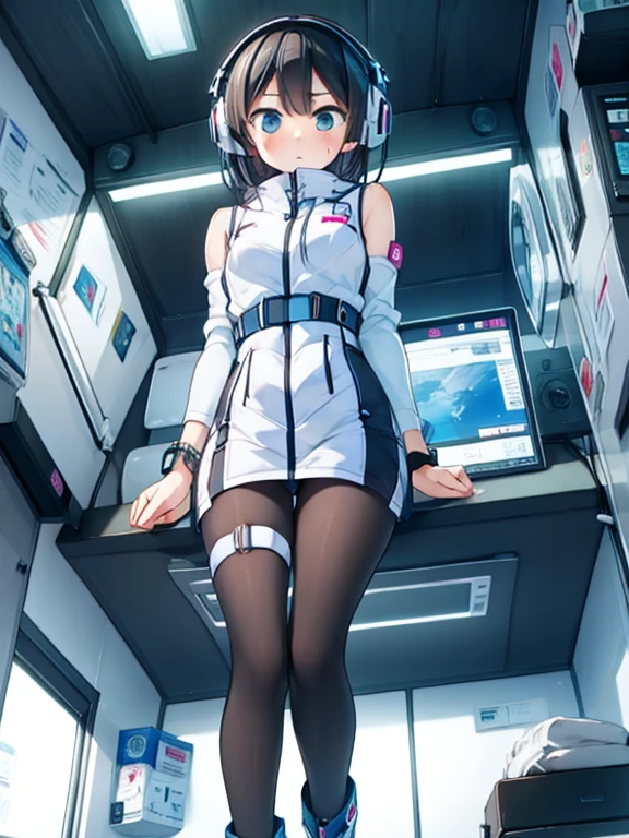 (Highest quality), (masterpiece), 1080P, High resolution, 4K, 8k, Inside the space station、Futuristic room、jumping:1.5,zero gravity,floating,Thigh straps, Shooting from directly below, The woman on top of me, 白いSweat, Covered , Sweat, Woman looking down, Skirt swimsuit, I can see your pants。BREAK black long sleeves,black tights,BREAK thigh-high socks, futuristic boots,headphone,To achieve this, 16 years old, , whole body, Black leather shoes, Braided hair, Inner Color, Embarrassed face, Short black hair, bracelet, Bedroom,white downVest,celestial body_Vest