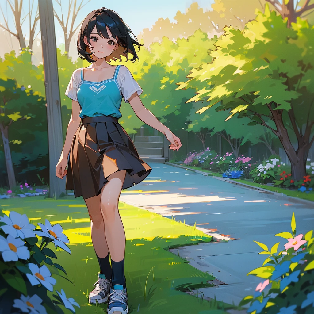 (high quality, High resolution, Very detailed, reality:1.37), Peaceful atmosphere, (Outdoor, garden),  girl standing alone, (my breasts are big.), Beautiful details, Cute Smile, (Black bob hair), camisole, Brown Skirt, Blue socks, sneakers.