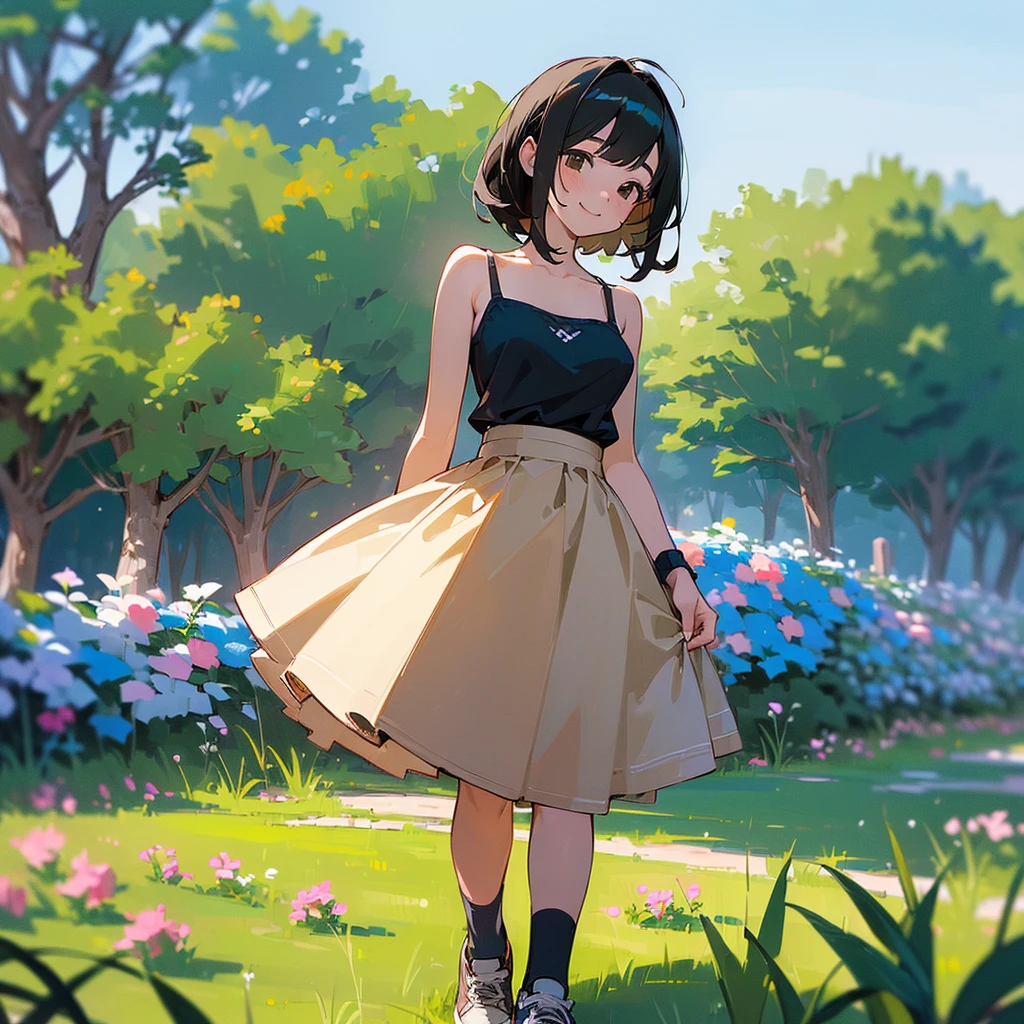 (high quality, High resolution, Very detailed, reality:1.37), Peaceful atmosphere, (Outdoor, garden),  girl standing alone, (my breasts are big.), Beautiful details, Cute Smile, (Black bob hair), camisole, Brown Skirt, Blue socks, sneakers.