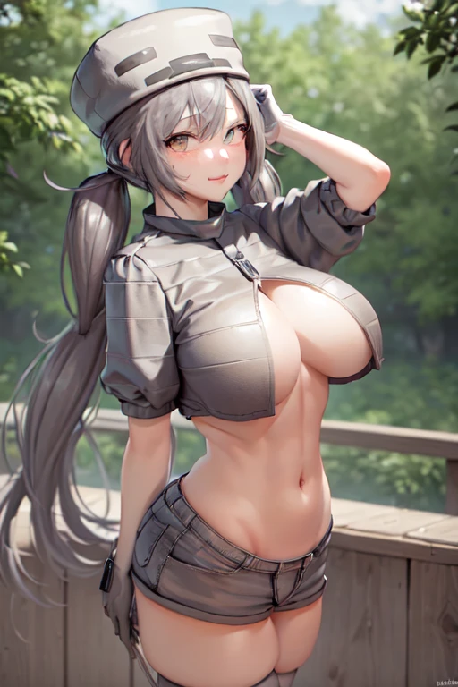 (masterpiece, best quality:1.2), cowboy shot, solo, 1girl, mcskeleton, slight smile, looking at viewer, twintails, hat, underboob, grey shorts, thighhighs, gloves, night, star \(sky\), wide hips, thick thighs, huge breasts, fit female, curvy, abs