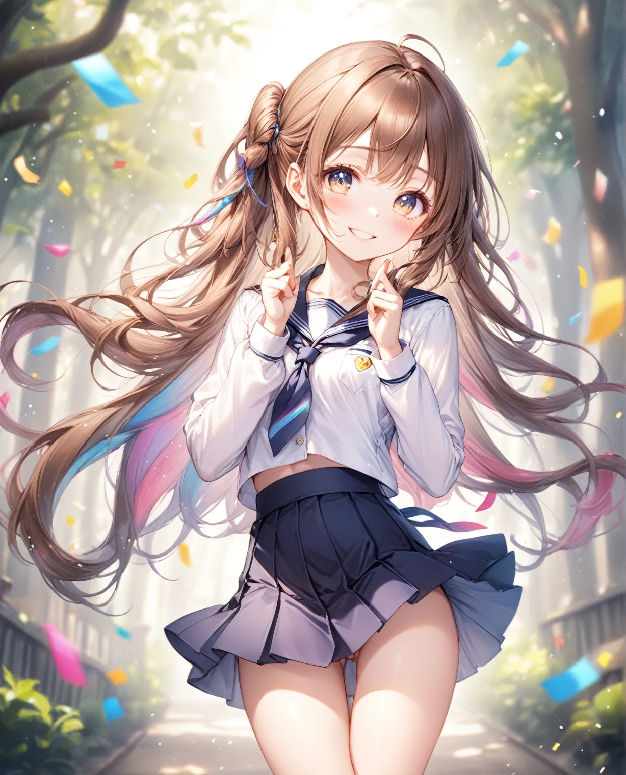 (Highest quality, 8k, 32K, masterpiece, Ultra-high resolution,:1.2),born, One girl,Super cute , Fantasy Background, Clear, shining eyes, 20-year-old ,Fair skin, Brown Haired Girl, keep your spirits up, expensive, uniform, mini skirt,D cup breasts,学born服,An innocent smile,Nyan Nyan Pose,Long Hair,Long Hair,Tied Hair