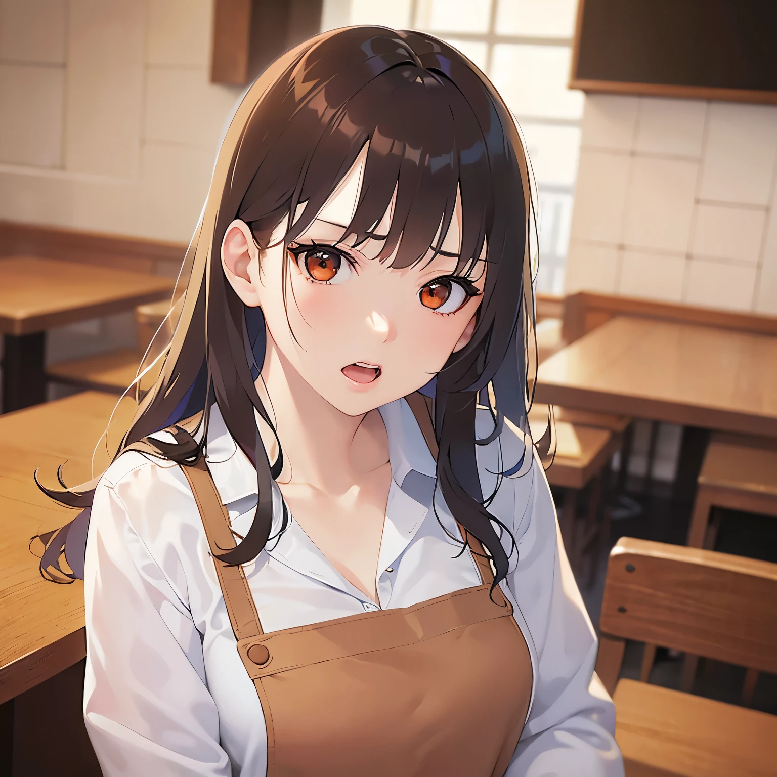 (looking away:1.5),Upper Body,Looking up、Hands placed in front of chest、
Realistic, real person, (pale skin: 1.2), RAW photo, photorealistic, shiny skin, shiny hair、
(A 25-year-old woman with medium-length hair and bangs) and (wavy hair) and (brown hair) and (orange eyes) 、
angry,open mouth,Wearing a white long-sleeved shirt 、apron、The background is inside the restaurant