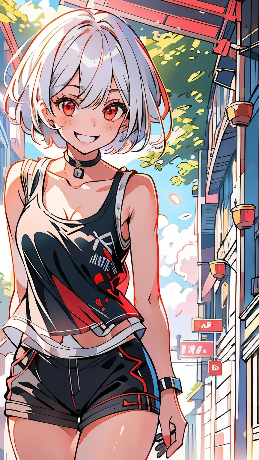best quality, realistic:1.37, ultra-detailed, an anime girl in the summer, white hair, short hair, tomboy hair, red eyes, detailed eyes, beautiful, smile, laugh, bright smile, charming, black tank top, large breasts