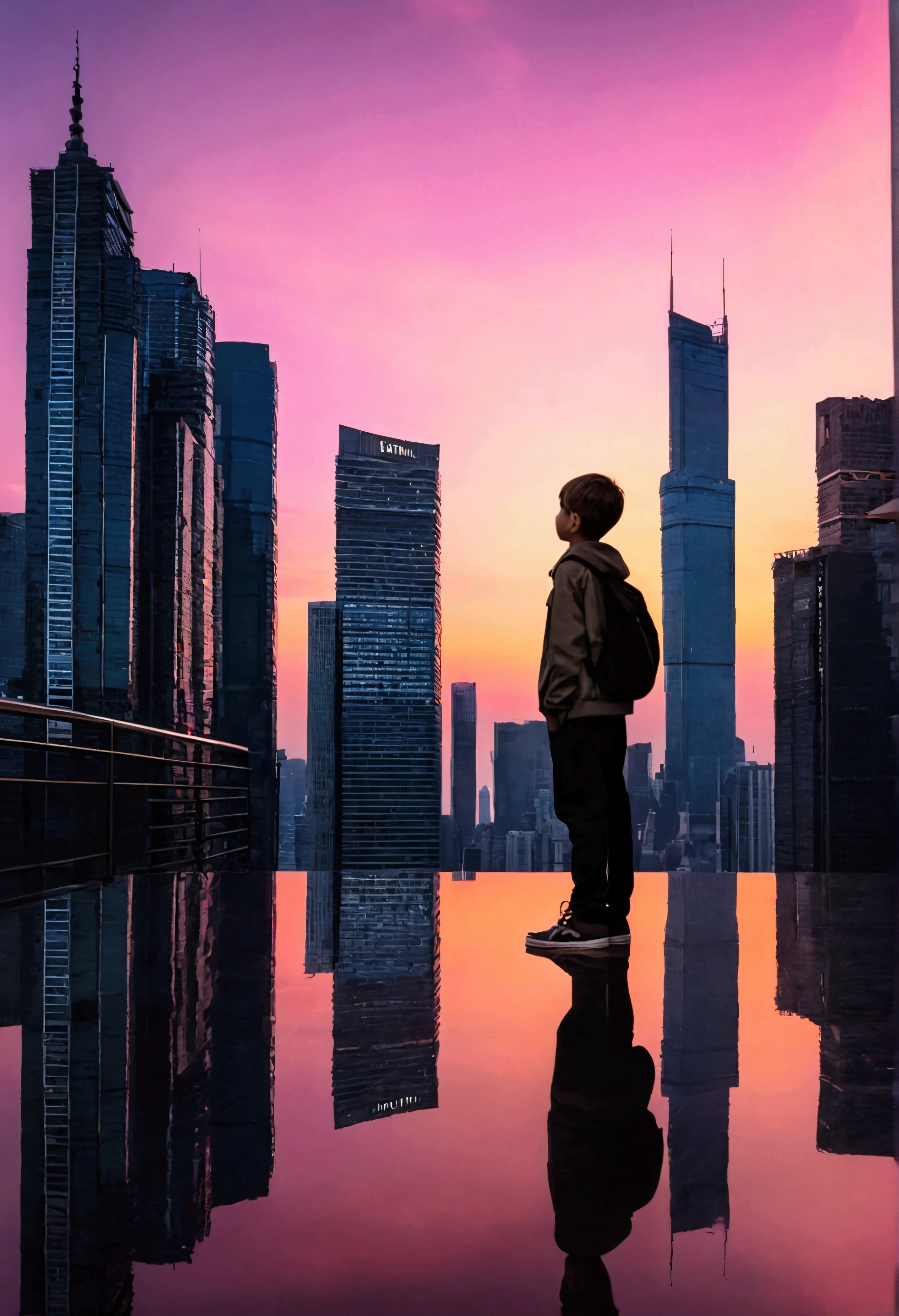 In the heart of the city, Silhouettes of skyscrapers against a pastel sunset sky. A boy standing among flickering neon lights