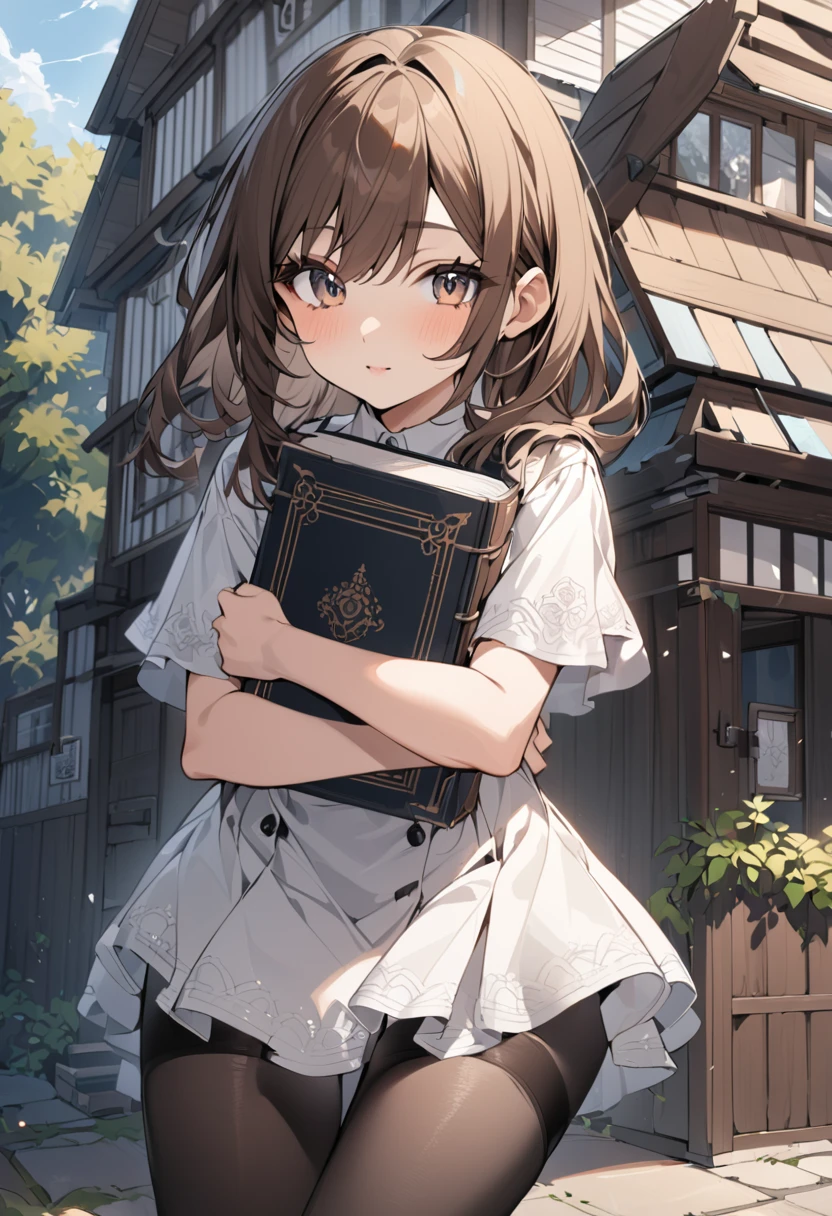 high quality, detailed, A young woman of 25 years old wearing a short dress with black stockings with brown hair, medium chest and medium thighs, looking into the camera hugging a book, with the background of a house