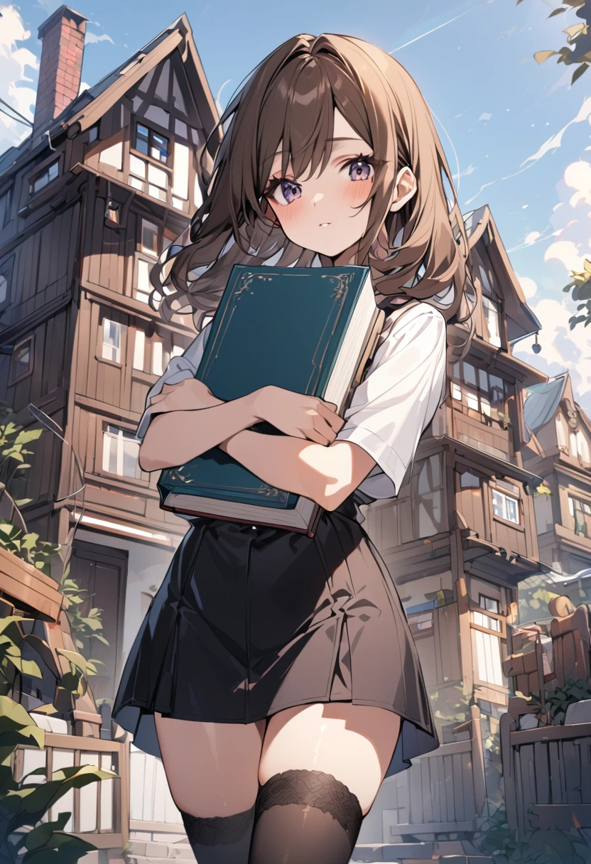 high quality, detailed, A young woman of 25 years old wearing a short dress with black stockings with brown hair, medium chest and medium thighs, looking into the camera hugging a book, with the background of a house