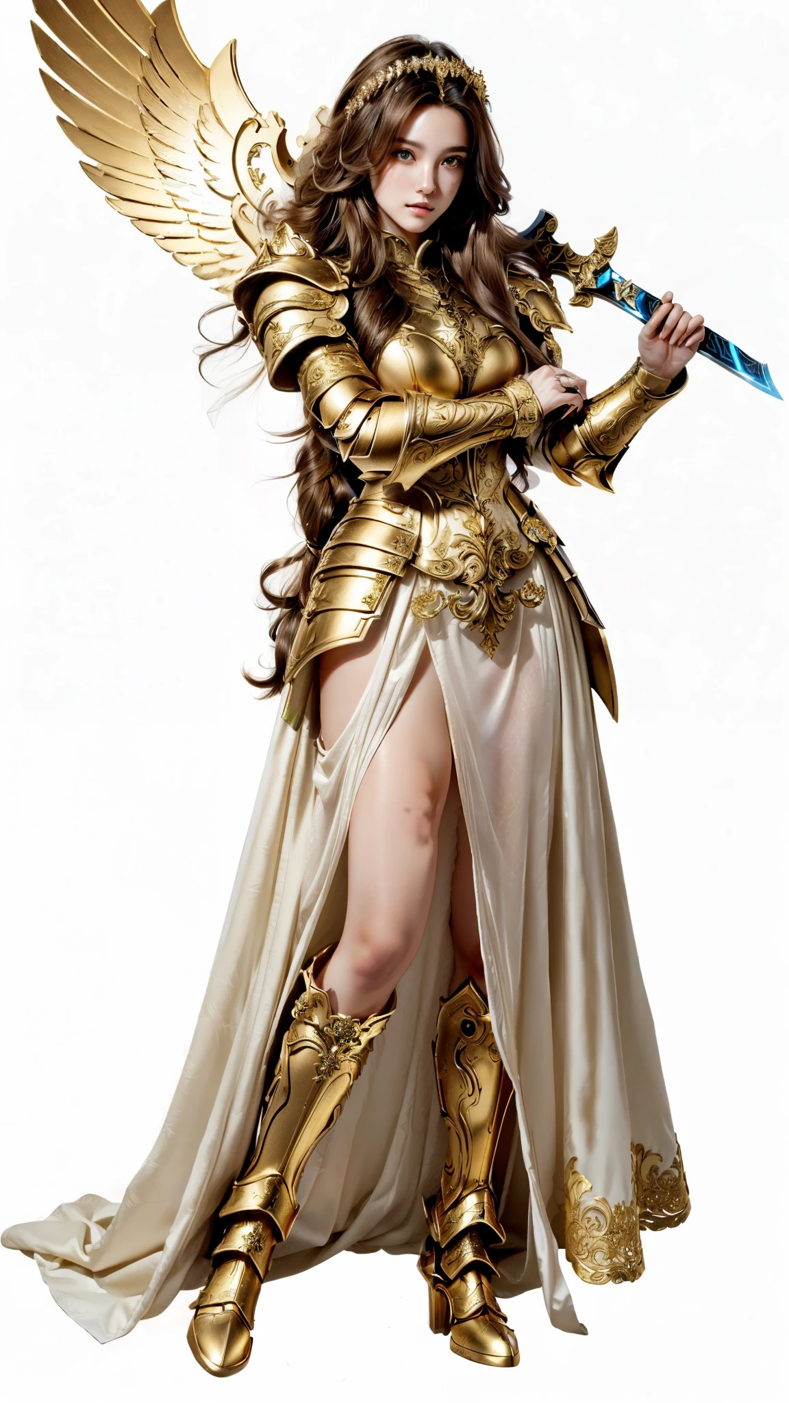 a close-up of a woman in a dress holding a sword, Angelic Golden Armor, white and gold ornate armor, Intricate white and gold armor, pretty female cleric, female paladin photo, shining golden armor, girl in armor, mechanized valkyrie girl, NPC with saint&#39;s halo, female cleric, white and gold heavy armor, gold paladin, cleric, 
([long hair hair]:1.8), (full body:1.8), (upper body up:0.3), (hyper realistic:1.4), (realistic:1.3), (best quality real texture skin),

detailed eyes, detailed face, PERSEPHONE, (SFW:1.5)
