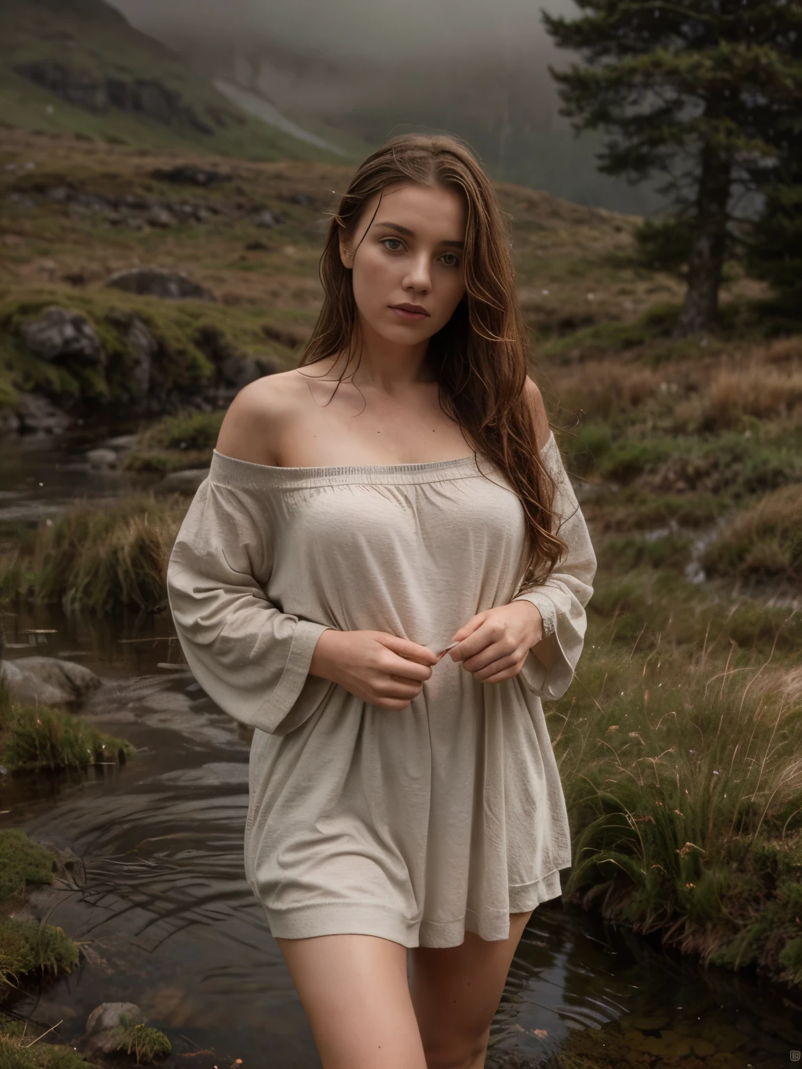 A vivid, evocative, and captivating scene featuring a beautiful 19-year-old Irish girl drenched by the gentle rain, wearing a long Irish dress and a sweater, walking with enchanting allure through the misty Connemara moor. Her attire is soaked, bringing to life the sensory details of rain-soaked fabric. The ethereal ambiance of the moor and the girl's resilient yet graceful presence amidst the natural beauty surrounds her. Aesthetic artwork, Irish mystical vibe, wavy ginger hair, shoulder-length, hair in the wind, gray eyes, light grey eyes, pale skin, freckles, A-cup, small , runner's body, wet textured skin, skin pores:1.1, goosebumps, extremely detailed 8k wallpaper, natural lighting, Nikon Z8 + NIKKOR Z 24-120 mm f/4 S, high detail, sharp focus, crazy details, complex details, hyperdetailed, wet, Connemara mountains in the background. wet dress, wet sweater, mud, rocks, mist, rain droplets, moss, heather, grass, puddles, raindrops on leaves, stormy sky, wet hair, damp earth, gray clouds, overcast, mountain slopes, rolling hills, stone walls, peaty soil, bracken broom, gorse, heather, granite, quartz, schist, gray, green, brown, white, black, yellow, blue, purple, red, orange, tan, SFW, dressed, torn dirty clothes