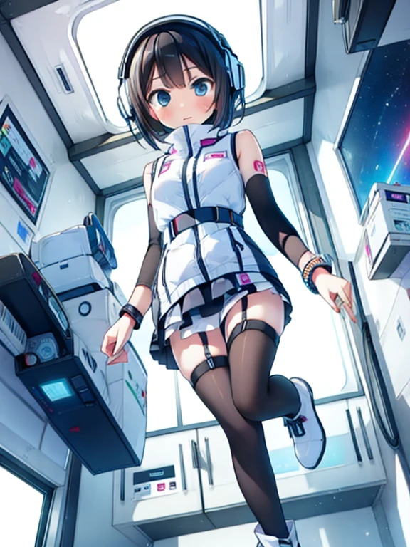 (Highest quality), (masterpiece), 1080P, High resolution, 4K, 8k, Inside the space station、Futuristic room、jumping:1.5,zero gravity,floating,Thigh straps, Shooting from directly below, The woman on top of me, 白いSweat, Covered , Sweat, Woman looking down, Skirt swimsuit, I can see your pants。BREAK black long sleeves,black tights,BREAK thigh-high socks, futuristic boots,headphone,To achieve this, 16 years old, , whole body, Black leather shoes, Braided hair, Inner Color, Embarrassed face, Short black hair, bracelet, Bedroom,white downVest,celestial body_Vest
