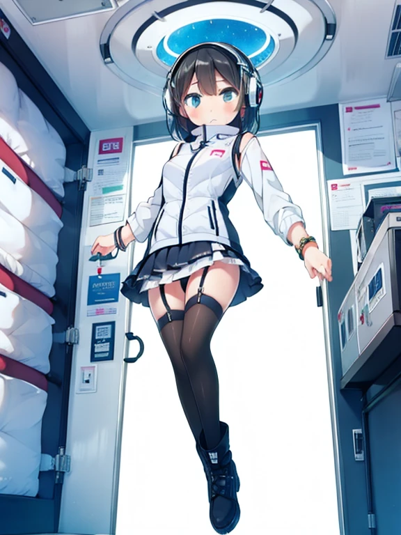 (Highest quality), (masterpiece), 1080P, High resolution, 4K, 8k, Inside the space station、Futuristic room、jumping:1.5,zero gravity,floating,Thigh straps, Shooting from directly below, The woman on top of me, 白いSweat, Covered , Sweat, Woman looking down, Skirt swimsuit, I can see your pants。BREAK black long sleeves,black tights,BREAK thigh-high socks, futuristic boots,headphone,To achieve this, 16 years old, , whole body, Black leather shoes, Braided hair, Inner Color, Embarrassed face, Short black hair, bracelet, Bedroom,white downVest,celestial body_Vest
