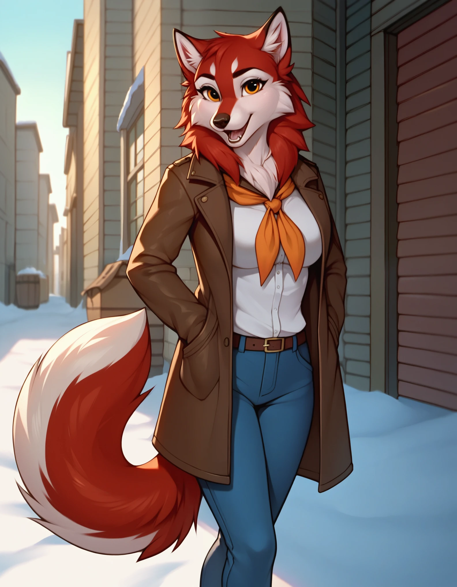 score_9, score_8_up, score_7_up, BREAK,  1girl, jenna\(balto\), solo, open mouth, amber eyes, neckerchief, two tone fur, red fur, looking at viewer, breasts, wearing, coat, pants, outside, furry female, anthro, tail, standing,