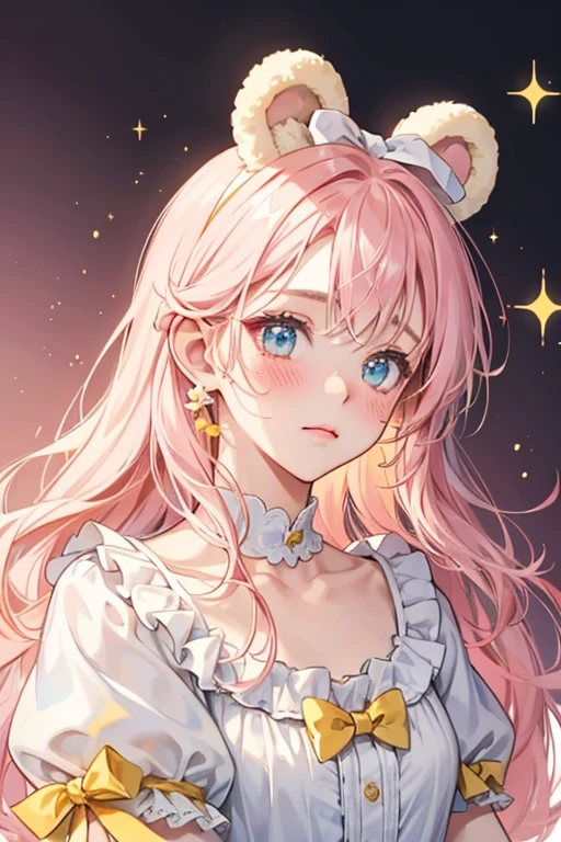 A yellow girl Num with a basic expression. She has slightly blushed cheeks, bear ears and dripping whip cream on top to match her colour. She wears pastel pink bows on both ears. SPARKLE; GLITTER