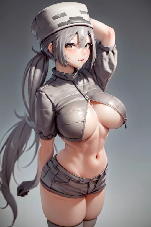 (masterpiece, best quality:1.2), cowboy shot, solo, 1girl, mcskeleton, slight smile, looking at viewer, twintails, hat, underboob, grey shorts, thighhighs, gloves, night, star \(sky\), wide hips, thick thighs, huge breasts, fit female, extremely curvy, abs