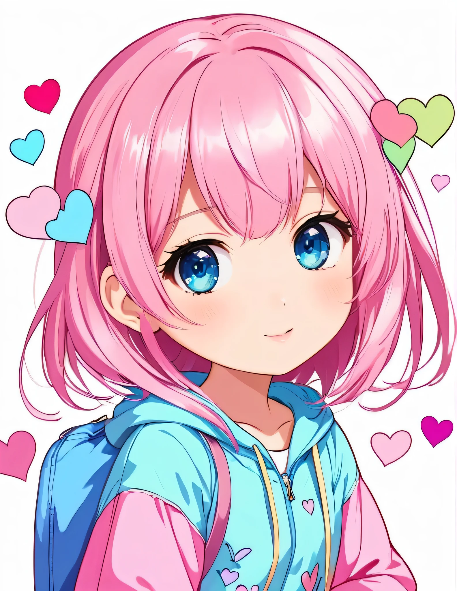 Mika Pikazo colorfull style, Simple Line Initialism,Abstract art,(((The most beautiful girl of all time))), (((chibi))), Sweet face. colorful hearts, funny design, (((bosom buddy ))), (((Cute Aliens))), The background is space