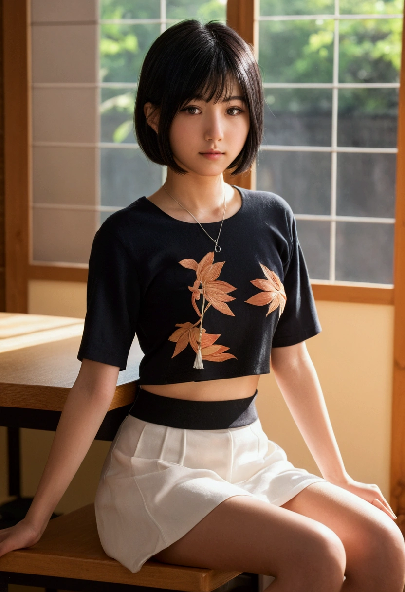 japanese 19 year old college student with hair that only reaches her shoulders, realistic with short black hair and brown eyes