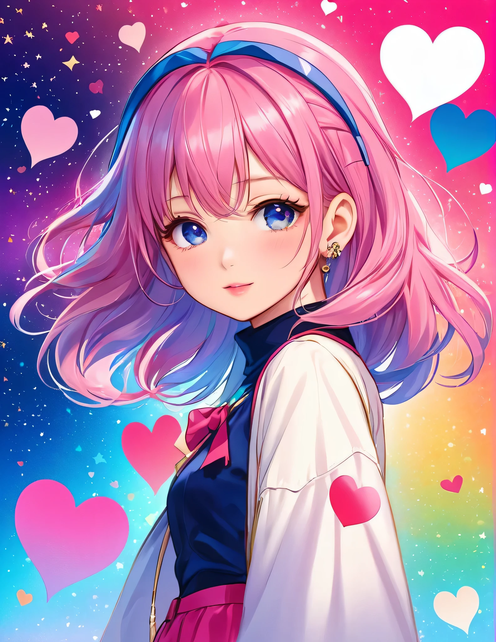 Mika Pikazo colorfull style, Simple Line Initialism，Abstract art，(((The most beautiful girl of all time))), (((chibi))), Sweet face. colorful hearts, funny design, (((bosom buddy ))), (((Cute Aliens))), The background is space