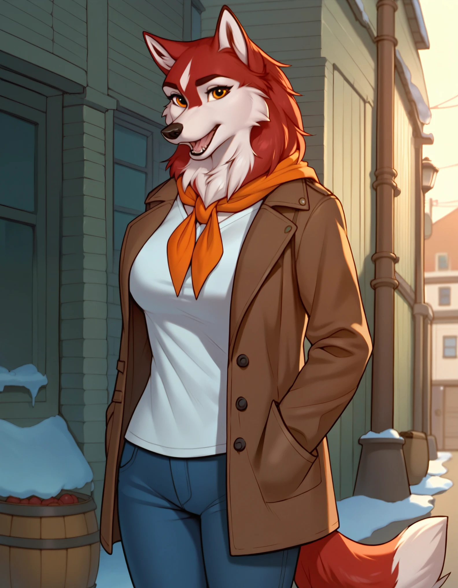 score_9, score_8_up, score_7_up, BREAK,  1girl, jenna\(balto\), solo, open mouth, amber eyes, neckerchief, two tone fur, red fur, looking at viewer, breasts, wearing, coat, pants, outside, furry female, anthro, tail, standing,  furry, body fur, wolf, canine,