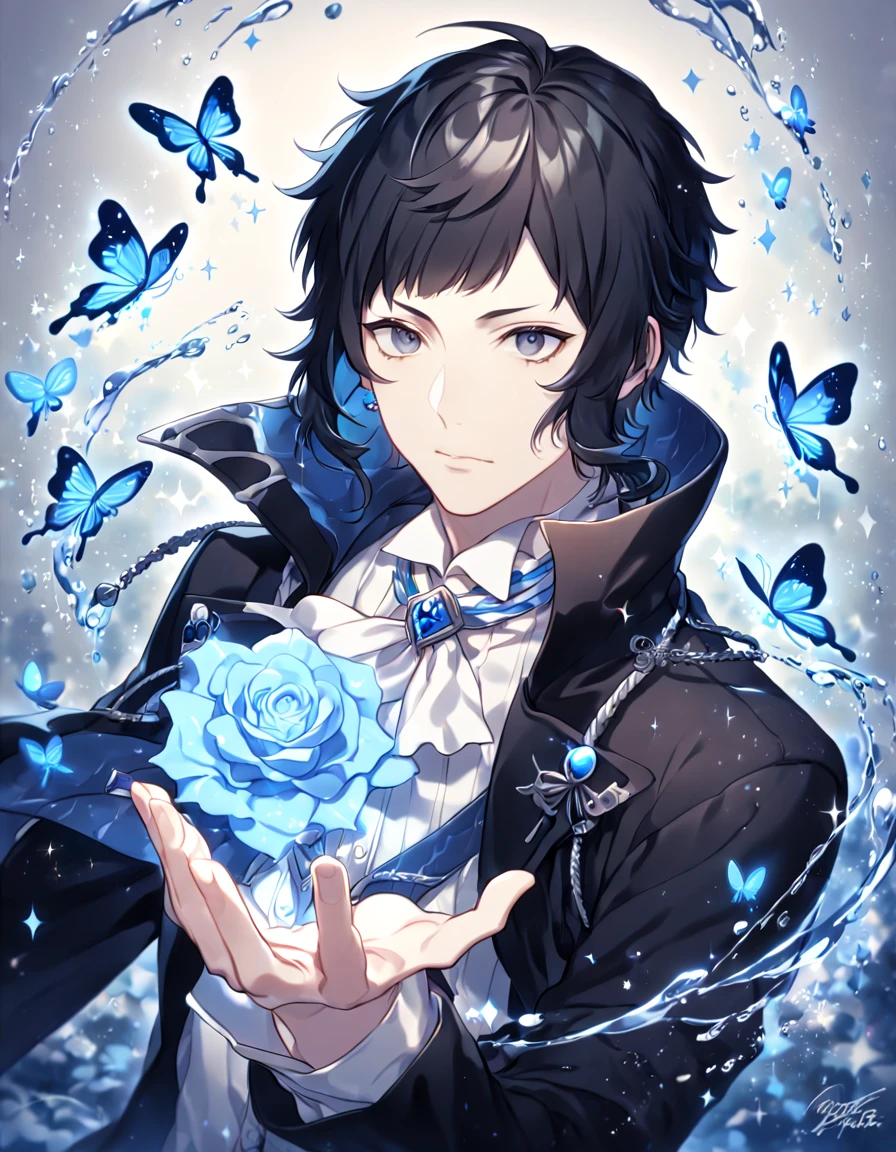 absurdres, highres, ultra detailed, HDR, master piece, best quality, extremely detailed, Akutagawa Ryuonosuke, black hair, long side bangs, expressive gray eyes, Bungou Stray Dogs, solo, sexy man, handsome, mature face, black coat with high collar, white shirt, white cravat, fantasy, magic, sparkling, water, blue moon, blue flowers, blue butterflies, blue petals, garden