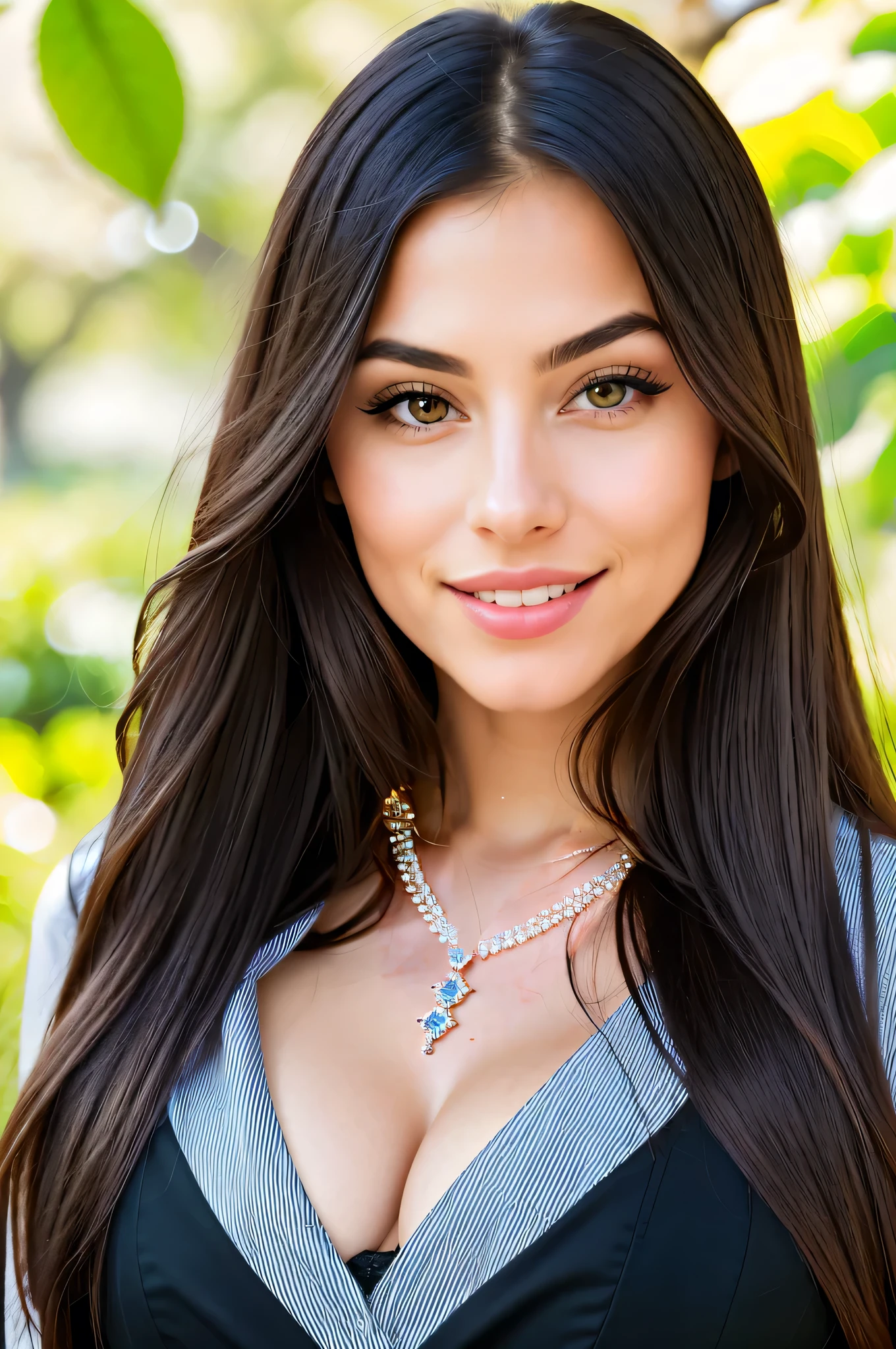 She is wearing a luxurious diamond necklace Around her neck