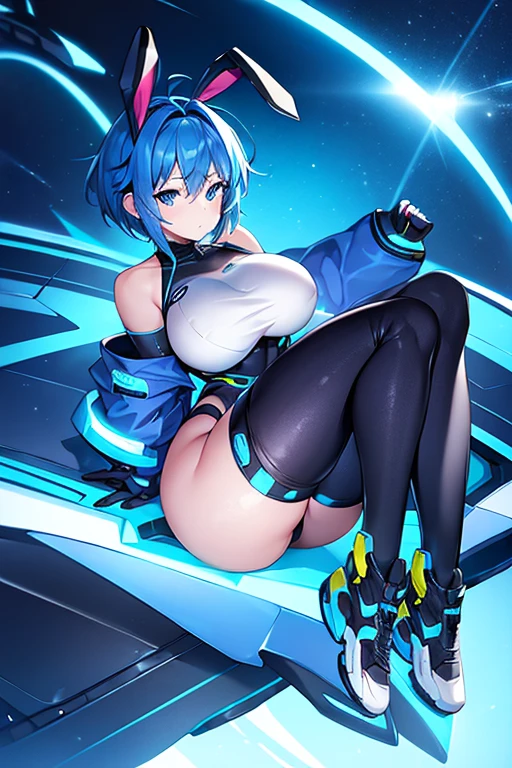 1girl, wide hips, large breasts, wide hips, blue hair, short hair, very short hair, blue eyes, bodysuit, black bodysuit, futuristic, machinery, science-fiction, tech, shoes, sneakers, neon trim, blue neon trim, full body, bunny ears, rabbit ears, ass, sitting