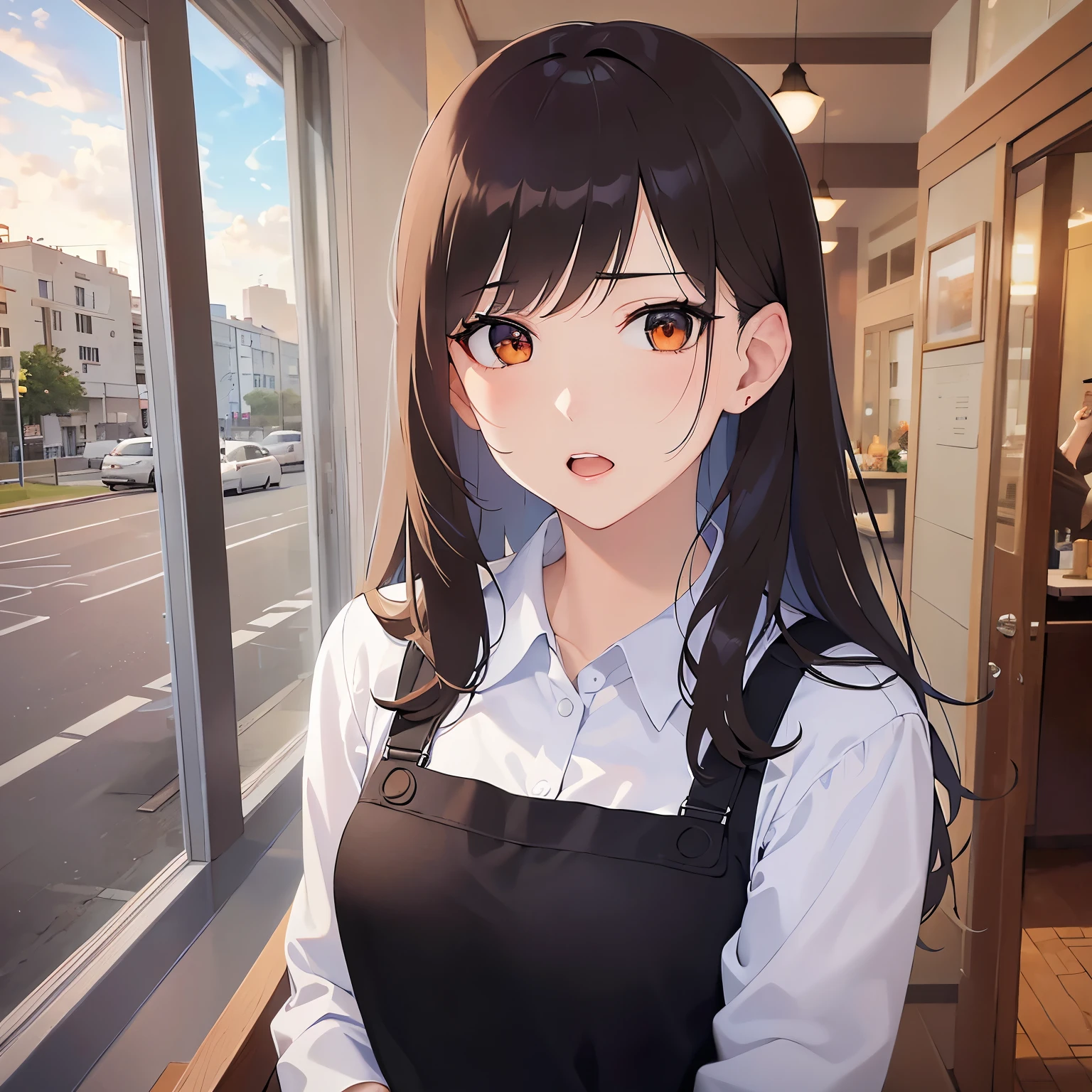 (looking away:1.5),Upper Body,Looking up、Hands placed in front of chest、
Realistic, real person, (pale skin: 1.2), RAW photo, photorealistic, shiny skin, shiny hair、
(A 25-year-old woman with medium-length hair and bangs) and (wavy hair) and (brown hair) and (orange eyes) 、
angry,open mouth,Wearing a white long-sleeved shirt 、Brown apron、The background is inside the restaurant