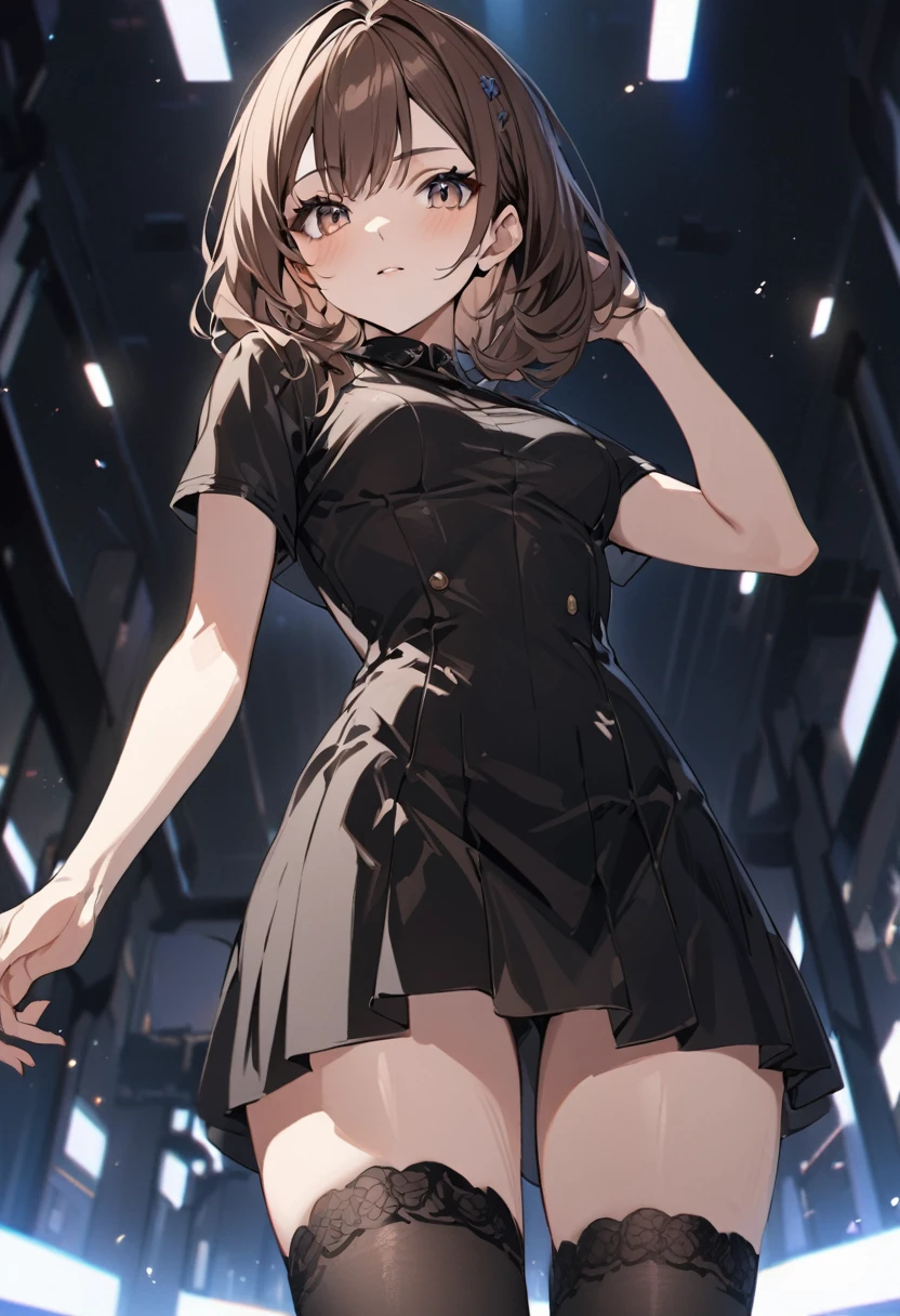 high quality, detailed, A young woman of 25 years old wearing a short dress with black stockings with brown hair, medium chest and medium thighs, Looking towards the camera 