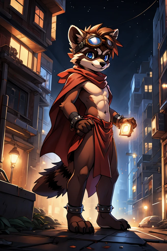 feno lighting, deep shadow, dynamic angle, masterpiece, high quality, hi res, solo, young Furry, furry, young, raccoon, spiked brown hair only on head, red scarf, blue eyes, goggles, red loincloth, red cape, masterpiece, detail body, fur all over body, detailed face, detailed eyes, detailed hands, Skinny, claws, high resolution, metal cuffs on wrists, no shirt, no underwear, city, night, street, side view