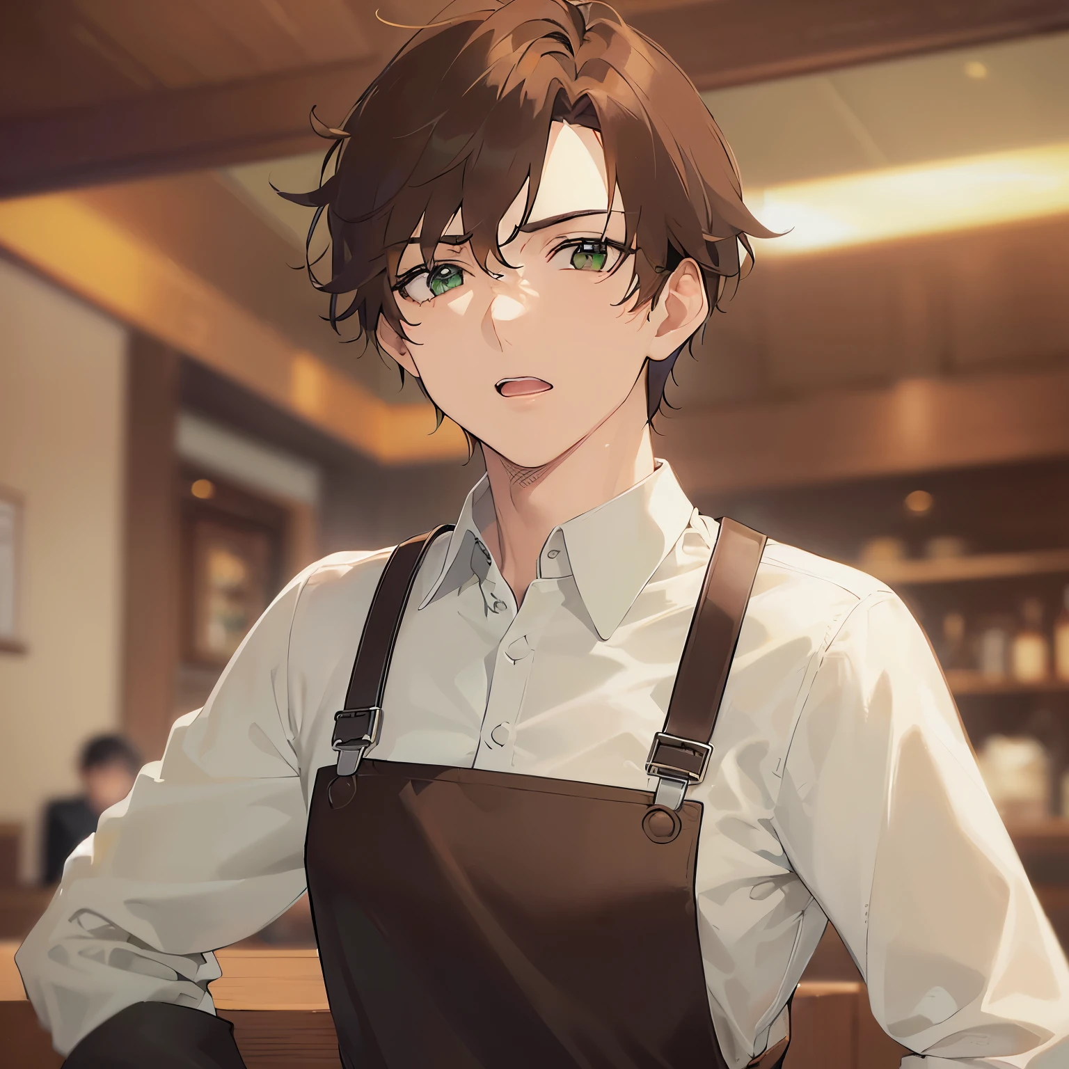 BREAK (25-year-old male:1.5) and (Mahogany brown short hair) and (Green Eyes)
BREAK、(looking away:1.5),masterpiece、Highest quality、I have a smartphone、
,Black long sleeve shirt、apron、
glaring,open mouth, Inside the restaurant、