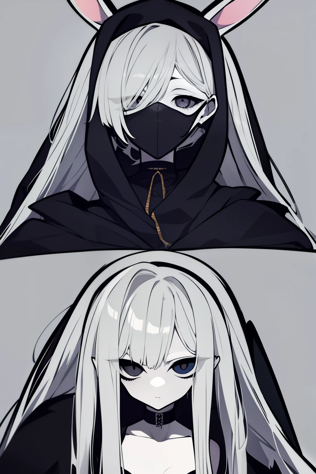 In the realm of grimdark art, there's a chilling cartoon drawing of a girl clad in a black dress and a matching black coat. This is not your typical yandere character, as she embodies the grim and unsettling traits of the "gapmoe yandere grimdark" style. Her long, floppy rabbit ears hint at her otherworldly origin, while her deep black eyes emit an aura of worthlessness and horrifying despair, expressed as a :4 emoticon.

What makes her even more unsettling is her identity as a pale young ghost girl. The art style is eerie and grim, with faceless people painted in dark tones,