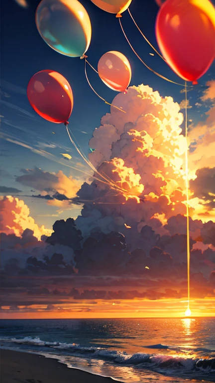 Coastal sunset with glowing seashells and floating balloons, ethereal atmosphere