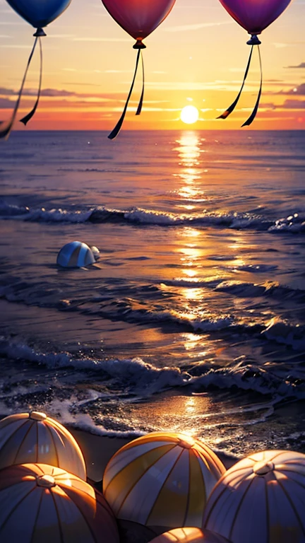 Coastal sunset with glowing seashells and floating balloons, ethereal atmosphere