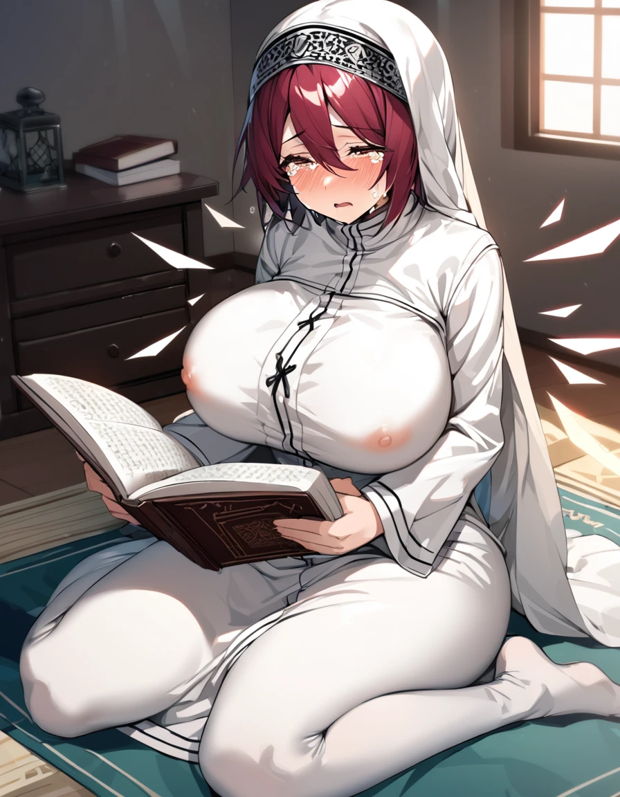 Exusiai(Arknights),red hair,curvy body, wearing clothes(Islam),wears hijab(Islam),big breast,nsfw,praying in bedroom,sitting on a prayer mat(, praying(Muslim),crying,tears eyes,reading Qur'an.