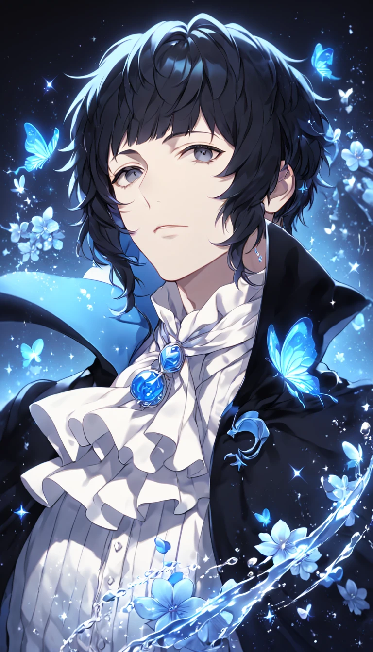 absurdres, highres, ultra detailed, HDR, master piece, best quality, extremely detailed, Akutagawa Ryuonosuke, black hair, long side bangs, expressive gray eyes, Bungou Stray Dogs, solo, sexy man, handsome, mature face, black coat with high collar, white shirt, white cravat, fantasy, magic, sparkling, water, blue moon, blue flowers, blue butterflies, blue petals, garden