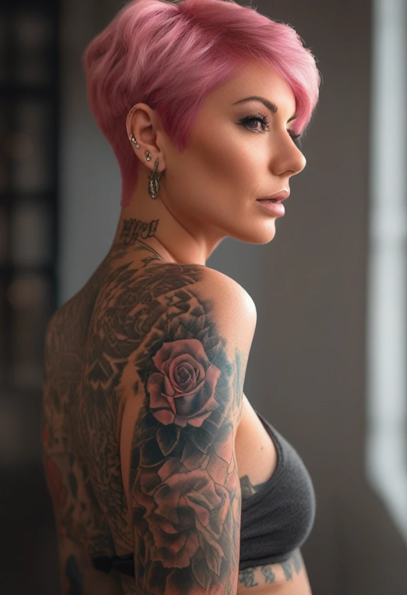 Laurence Bedard, an Instagram model, radiate beauty and confidence in this photorealistic masterpiece. With her short pink hair and a serene expression., she is partially naked, showing off her full body tattoos. The picture, captured in 8K resolution with dynamic lighting, Highlights her striking features and intricate tattoos., including tattoo &#39;overcome&#39; on the stomach and tattoos on the shoulder.. This high-quality representation embodies elegance and aesthetic appeal., making it the best choice for fine art admirers.