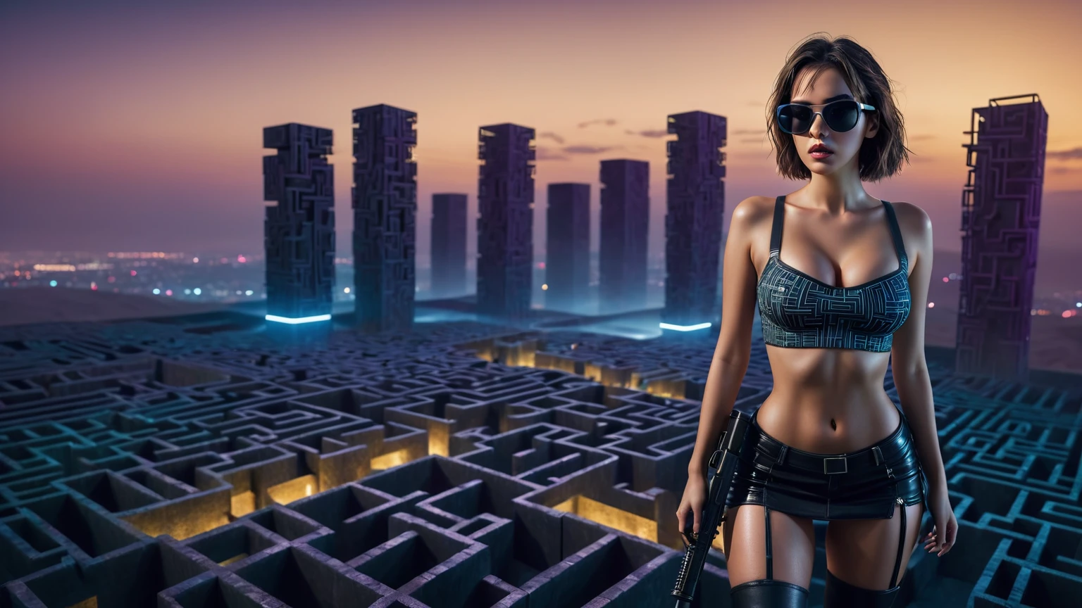 Aerial view. sci-fi outdoor maze background. Matrix style, at night, dark sky, (1girl, solo), photo realistic, large-breast:1.2 slim:0.9 body, cleavage:1.2, tube top, miniskirt, (matrix style black sunglasses), (holding a mini:1.1 pistol), half-body thigh level medium shot, cinematic lighting, ray tracing.