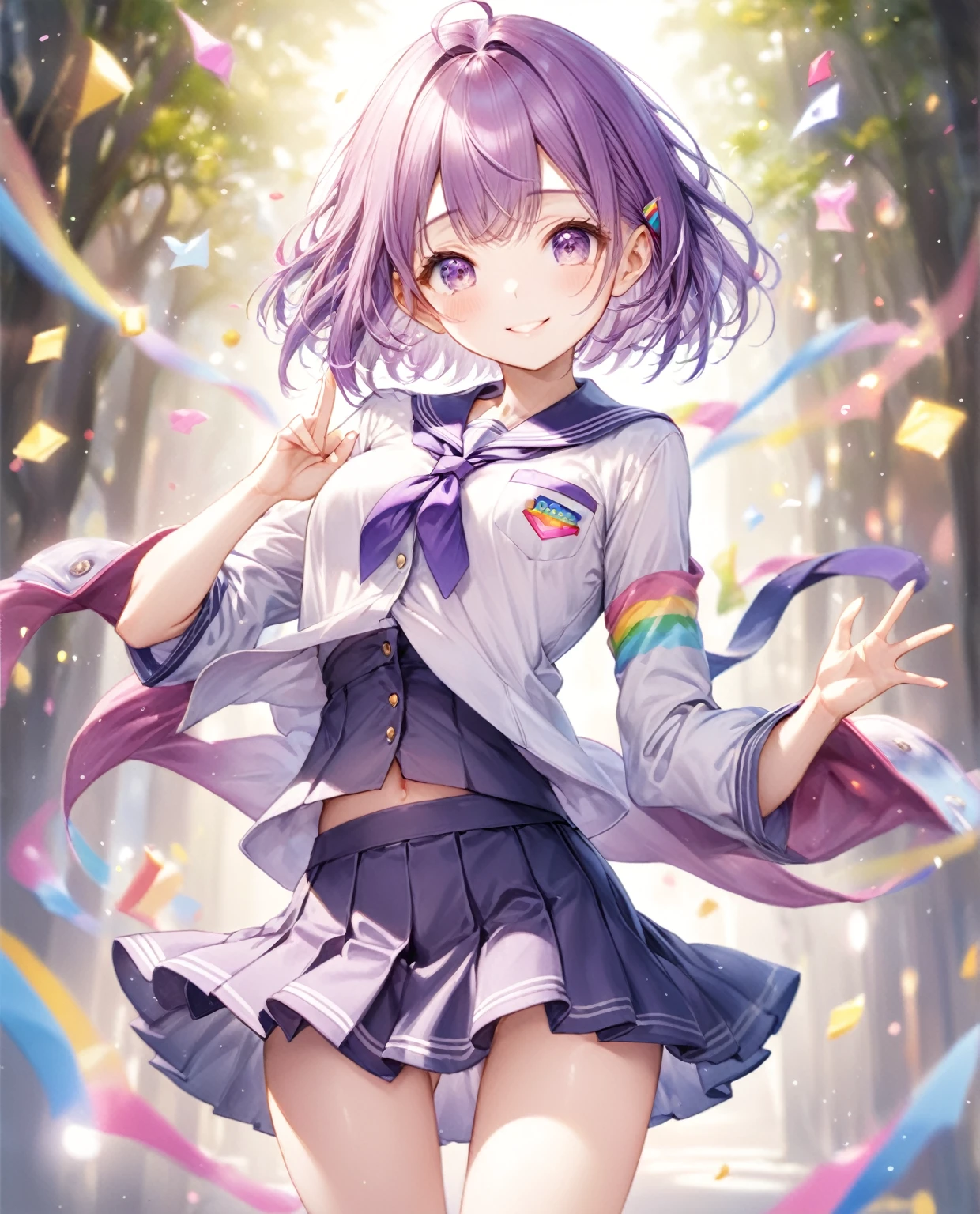 (Highest quality, 8k, 32K, masterpiece, Ultra-high resolution,:1.2),born, One girl,Super cute , Fantasy Background, Clear, shining eyes, 20-year-old ,Fair skin, Purple Hair Girl, keep your spirits up, expensive, uniform, mini skirt,D cup breasts,学born服,An innocent smile,Nyan Nyan Pose,short hair,