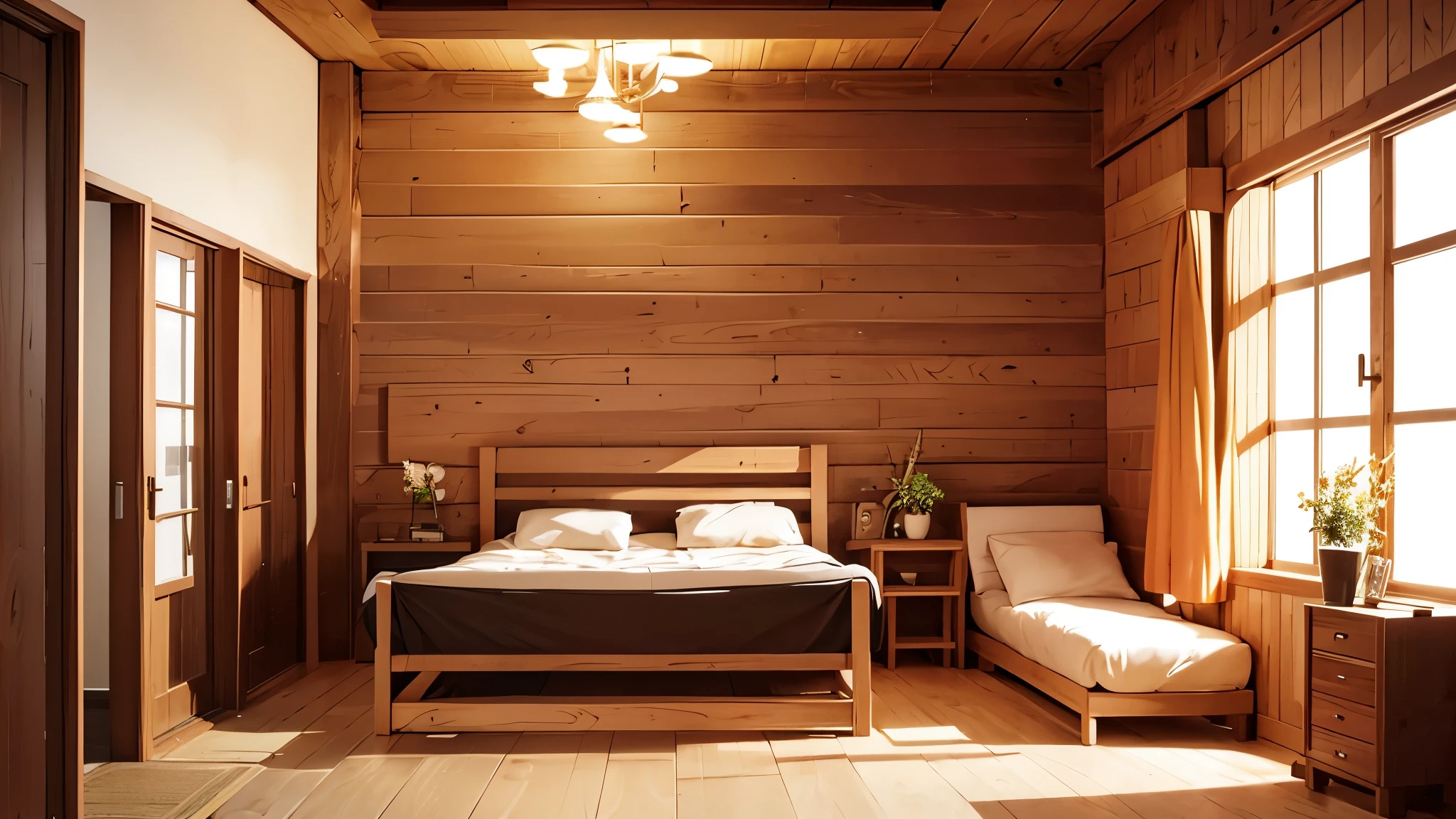 Design a cabin-style wooden room in anime style. The wall must be smooth,, with a clean and modern finish typical of anime art."