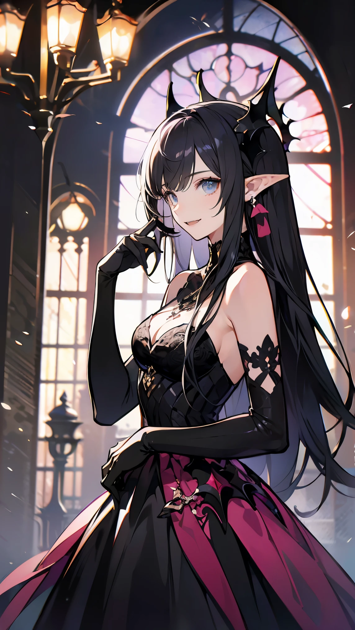 (black hair), long hair, Hair blowing in the wind, Hair Ribbon, mismatched sclera, smile, Baroque, chiaroscuro, masterpiece, accurate, high quality, best quality, high details, super detail, Vampire, aristocratic vampire, dark castle interior, moonlight shining through a window into a dark room, at night, Sleeveless turtleneck, Detailed hands, detailed fingers, pointed nails, nail art, Fangs protruding from the mouth, elf, pointy ears, mature woman