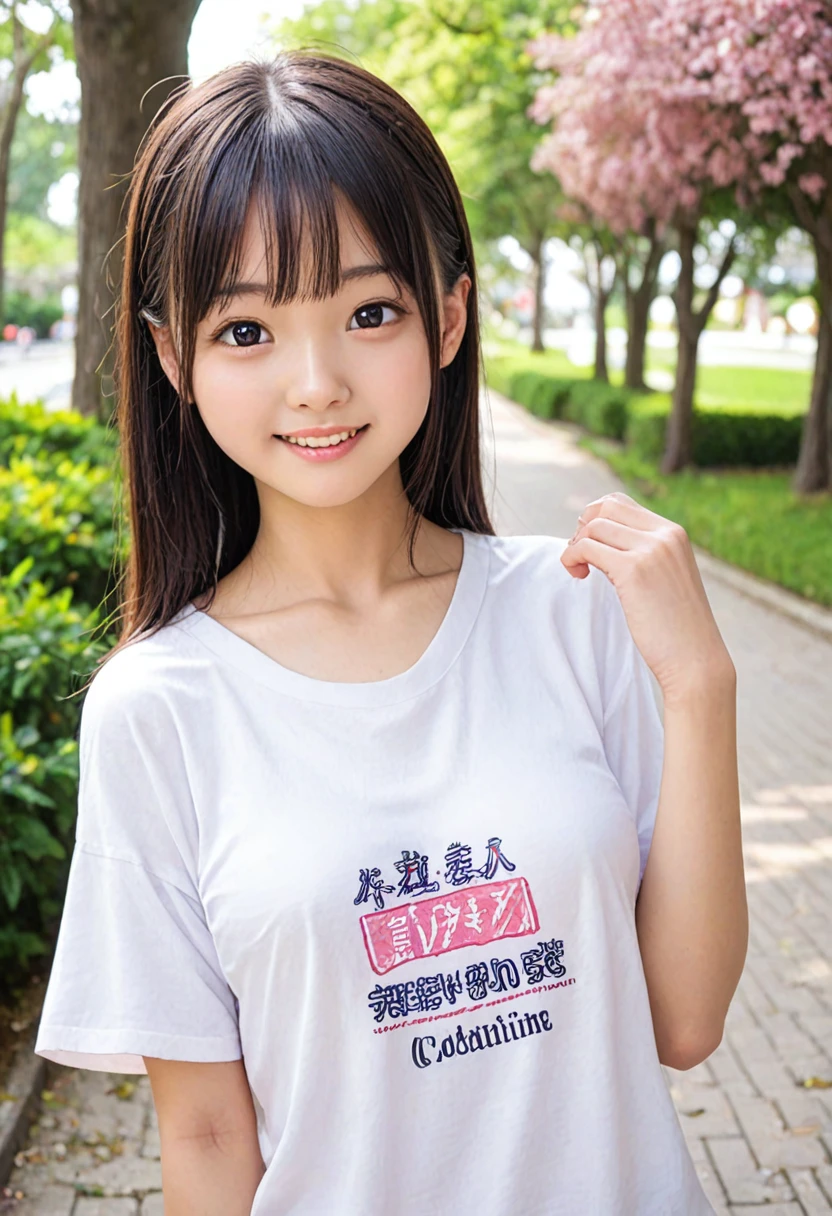 score_9, score_8_up, score_7_up, 1girl, japanese girl, cute, kawaii, beautiful face, perfect face, perfect body, smile, oversized t-shirts, big t-shirts, detailed eyes, shiny skin, standing, on side, medium breasts, skinny, looking at viewer, cowboy shot, face focus, depth of field, simple background, outdoors, park, jpn-girl, extremely detailed, professional lighting