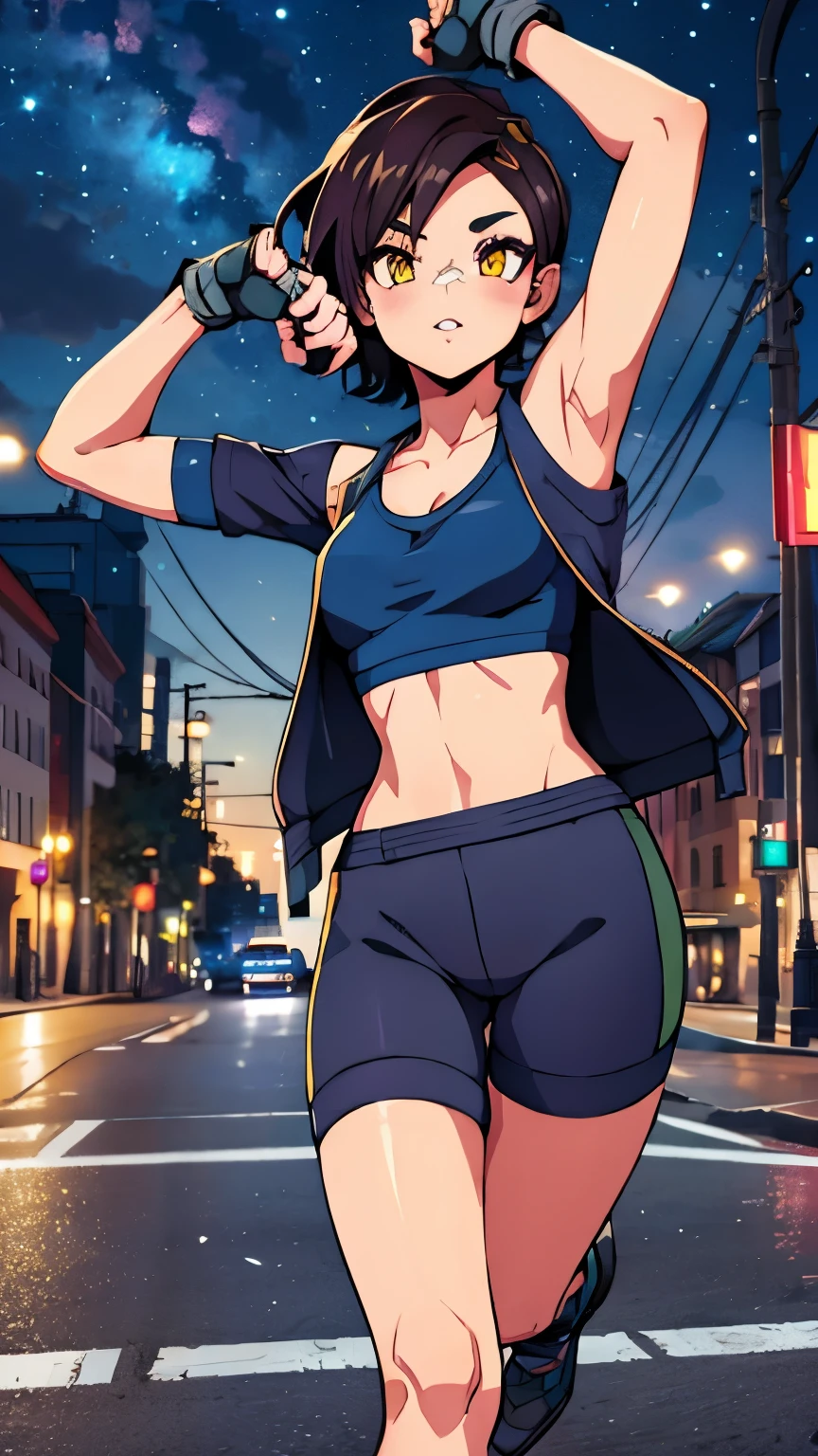 street dancer, short hair, brown hair, yellow glowing eyes, perfect lips, cute expression, cute face, cute pose, fingerless gloves, gun, tank top, jacket, cute pose, ultra detailed face, long eyelashes, sharp eyes , Fullbody shot, dinamic viewer, night sky, variuos adornment