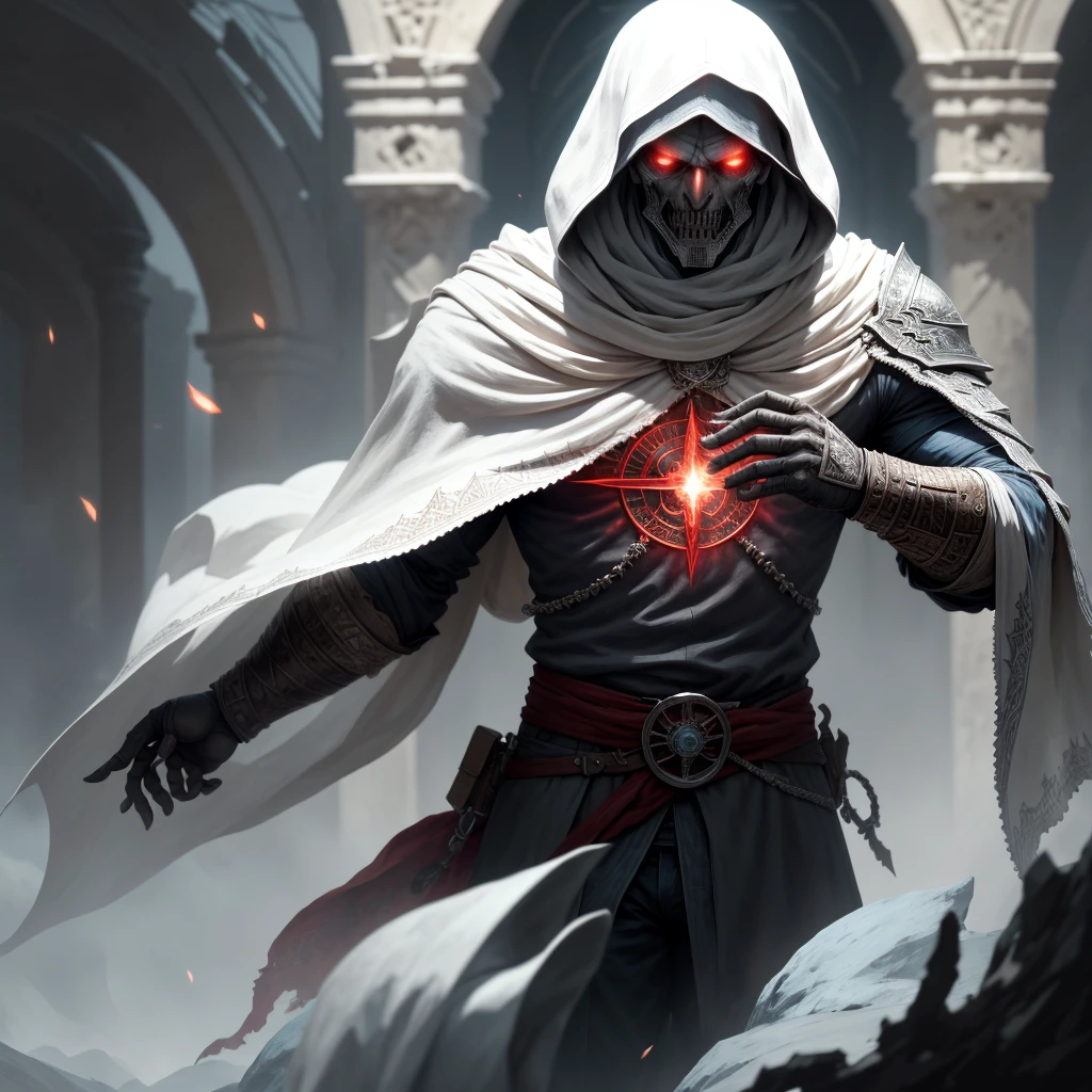 "A very detailed and intense depiction of a terrifying necromancer Altaïr Ibn-La'Ahad., medium shot and impressively captured in super detailed 8k wallpaper, demonstration of complex complexity."