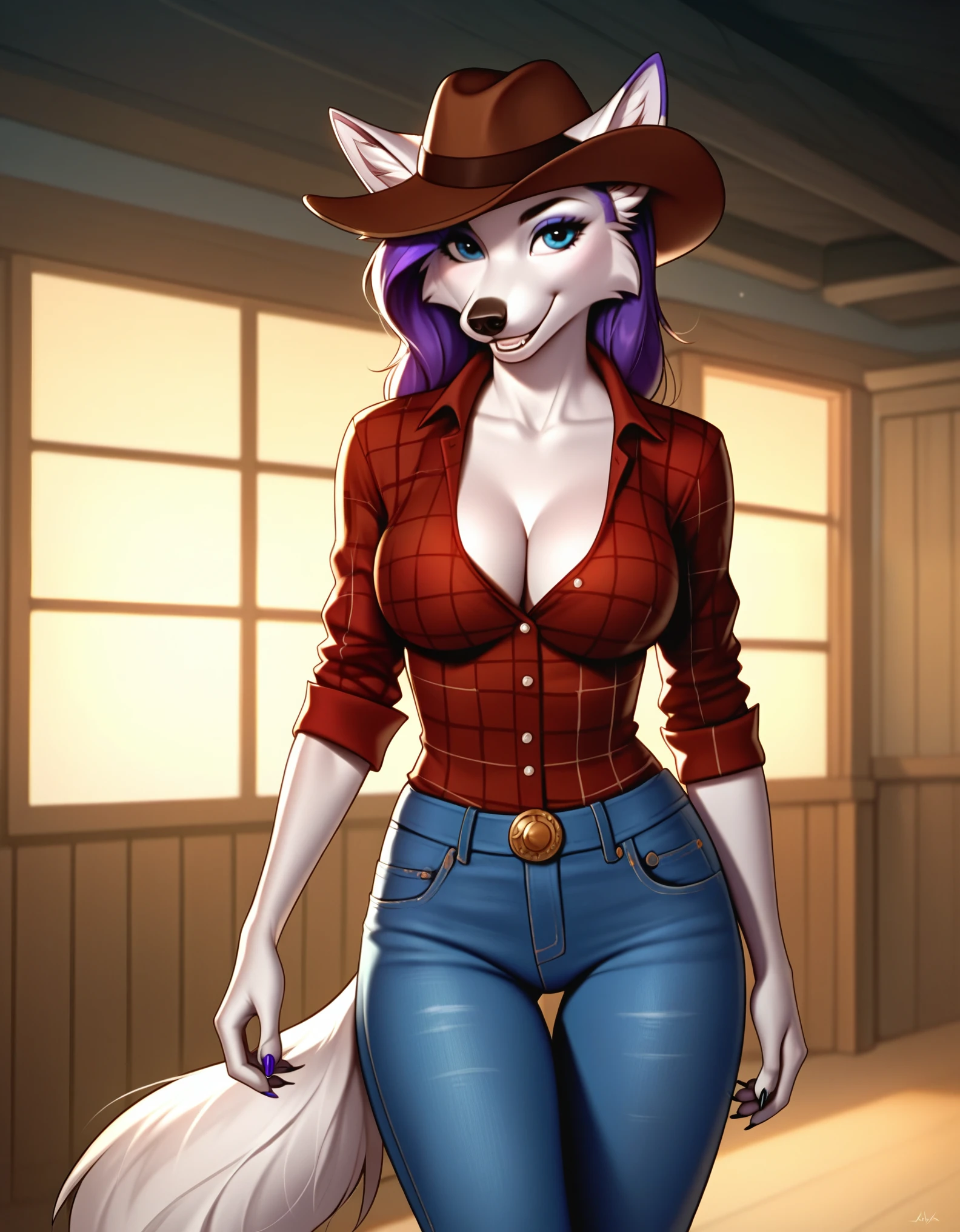 score_9, score_8_up, score_7_up, (source_furry), (rating_questionable), anthro furry wolf, female,  jenna\(balto\), solo, , slim body, round hips, large firm breasts, wearing western jeans and flannel shirt, cleavage, cowboy hat, cowboy boots, smiling, BREAK,
 (ultra realistic, 32k, masterpiece:1.2), (high detailed skin:1.1), (high quality:1.1), , bokeh, luminescent background,