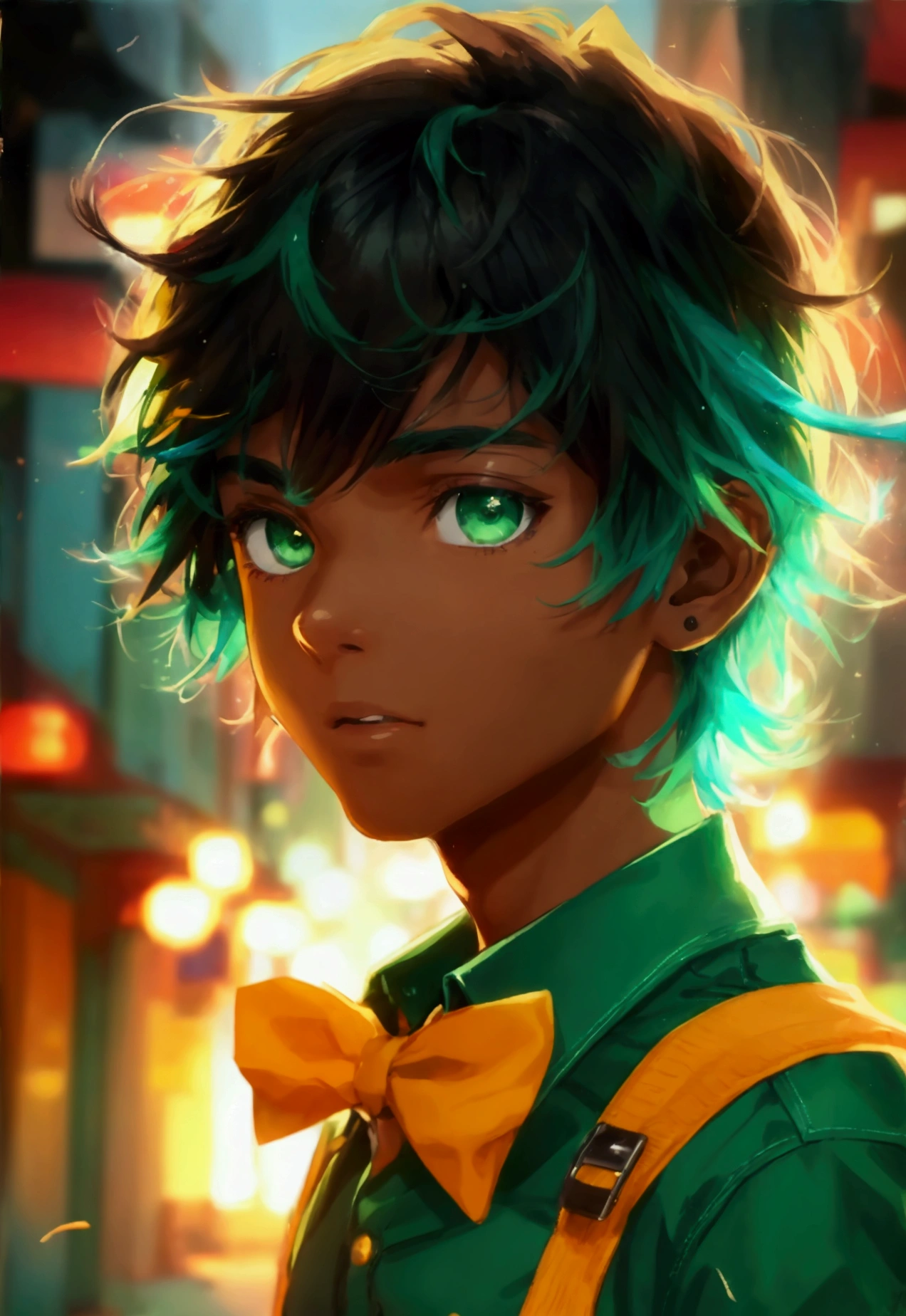 A 17 year old male ager with a dark brown skin, black eyes and a green hair with aquamarine tips, wearing a green shirt with a yellow bowtie and brown straps, also having black pants.