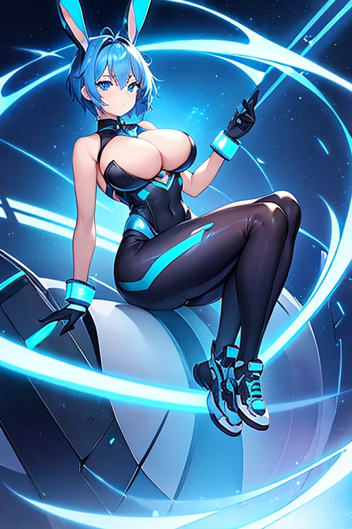 1girl, wide hips, large breasts, wide hips, blue hair, short hair, very short hair, blue eyes, bodysuit, black bodysuit, futuristic, machinery, science-fiction, tech, shoes, sneakers, neon trim, blue neon trim, full body, bunny ears, rabbit ears, ass, sitting