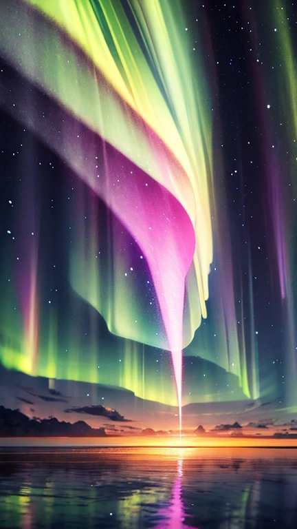 "Mystical tropical beach at night, bioluminescent sand, ethereal aurora in the sky, transparent floating bubbles"