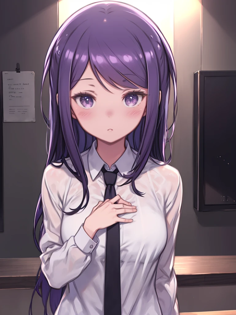 One girl, alone, bangs, blush, Place your hand on your chest, Jill Stingray, Long sleeve, View your viewers, Purple Hair, Medium chest, tie, shirt, alone, Upper Body, Best, bartender, Best, white shirt,