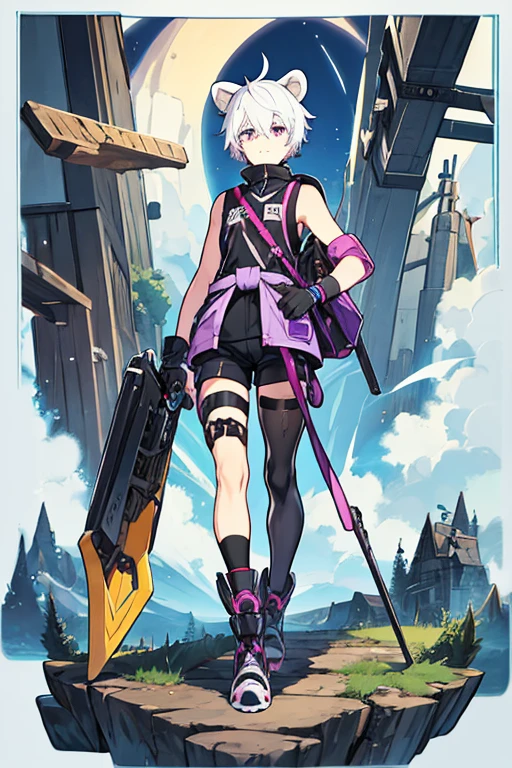 man, gay, short white hair bear ears,purple eyes, motocross goggles , with robotic left arm, black sleeveless shirt, Morados shorts, long tights, with a sweater around my waist, long black gloves, black boots, with a spiked collar