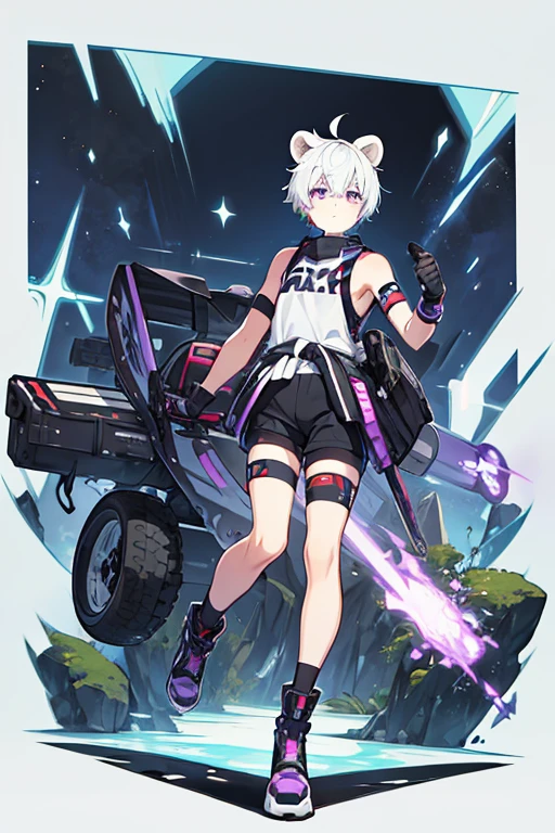 man, gay, short white hair bear ears,purple eyes, motocross goggles , with robotic left arm, black sleeveless shirt, Morados shorts, long tights, with a sweater around my waist, long black gloves, black boots, with a spiked collar